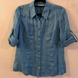 Coldwater Creek Top Women’s Sz PM Petite Blue Linen Roll-tab Sleeve Button Front